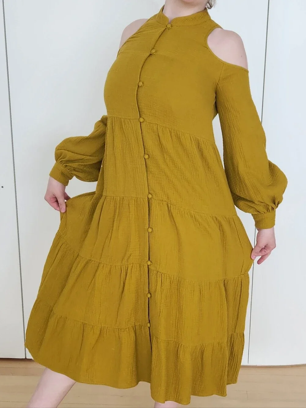 Tiered Button-Front Midi Dress in Mustard